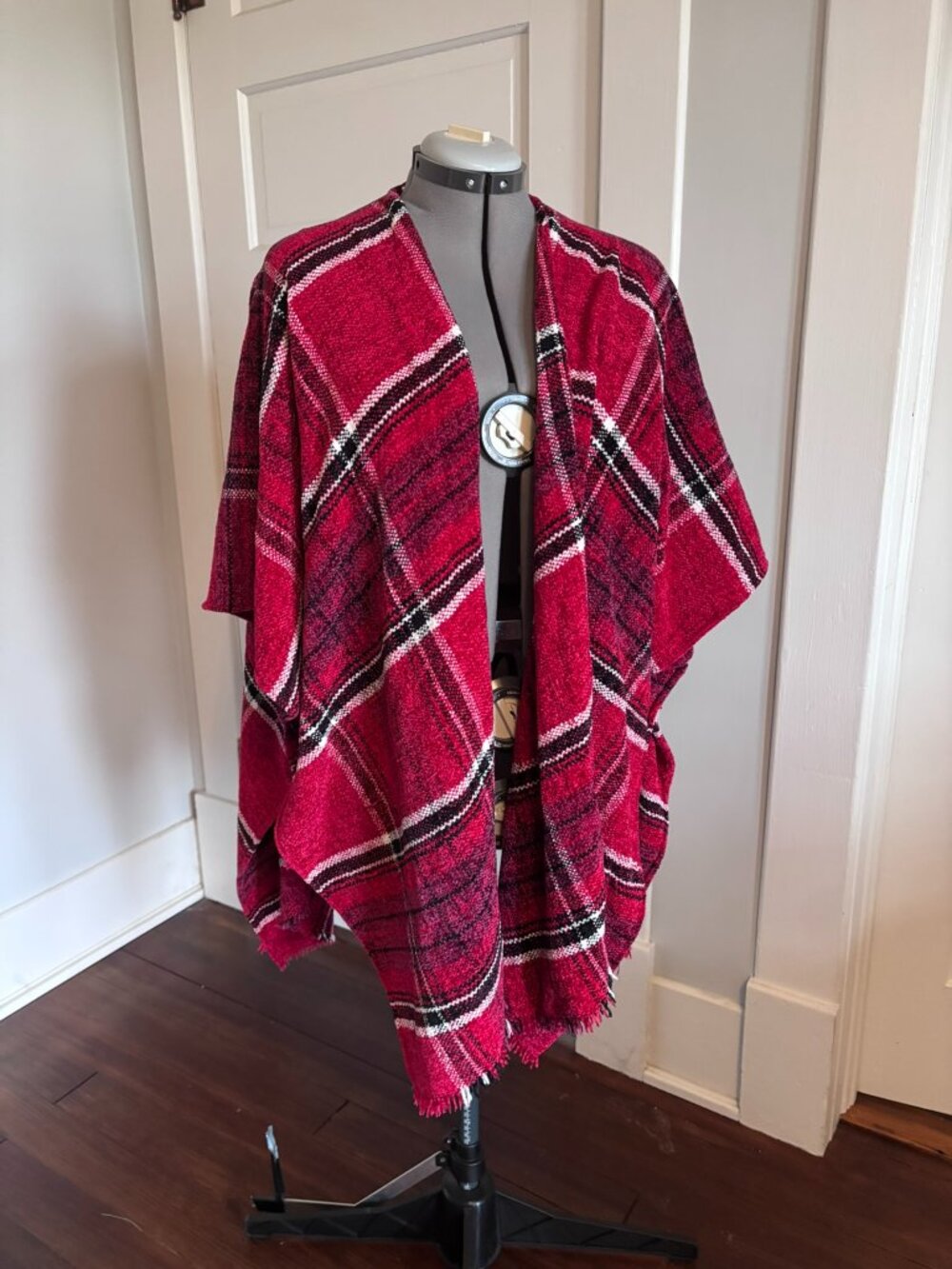 Nine West Velvet Red Plaid Shawl, Frayed & Slightly Grungy, One Size
